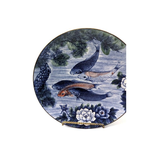 Vintage Japanese Sun Ceramics Blue White Koi Fish Porcelain Plate 12.5" Diameter - Picture 7 of 12